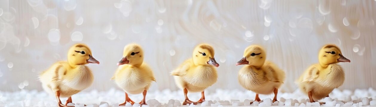 Fuzzy Ducklings, a row of fuzzy ducklings waddling along on a white surface, background image, generative AI