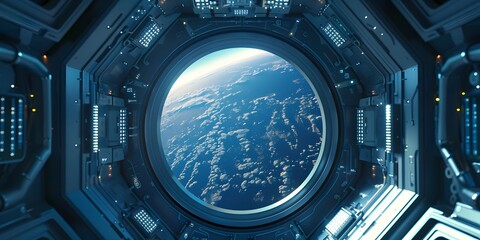Porthole of the space station. SciFi Spaceship Corridor 3d rendering, shuttle interior. window to the open space view. The Porthole Of the Spacecraft. - obrazy, fototapety, plakaty