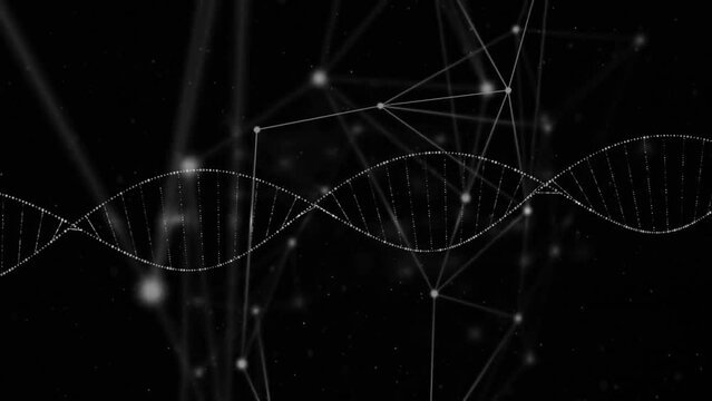 Animation of network of connections over dna strand on black background