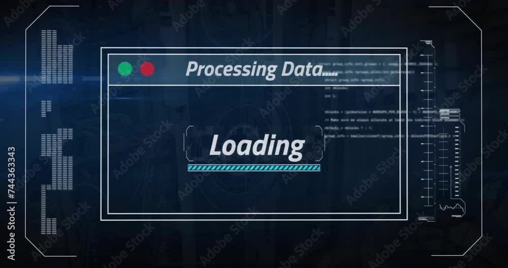 Poster animation of digital text and data processing over screen on black background