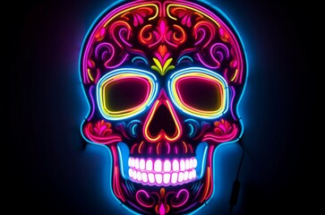 Skull neon light. Head horror. Generate Ai
