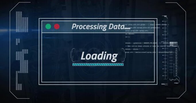 Animation of digital text and data processing over screen on black background