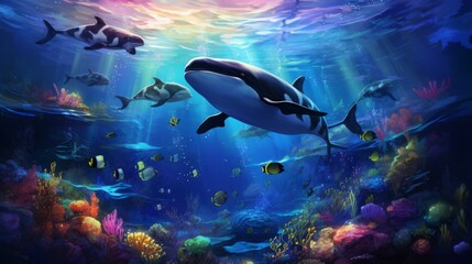 Fototapeta na wymiar Whale in underwater world. 3D illustration. Elements of this image furnished by NASA