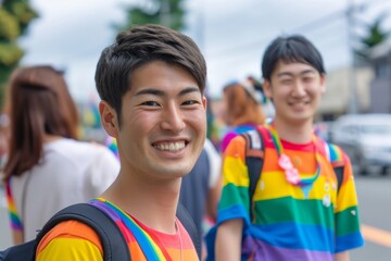 プライドパレードに参加する笑顔のLGBTQ当事者（ゲイ・レズビアン・セクシャルマイノリティ） - obrazy, fototapety, plakaty