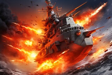 Battleship soaring in air, engulfed in flames, like a fiery art piece