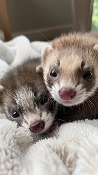 Furry Ferrets, a pair of furry ferret kits playing together on a white blanket, with sleek coats and inquisitive gazes, background image, generative AI