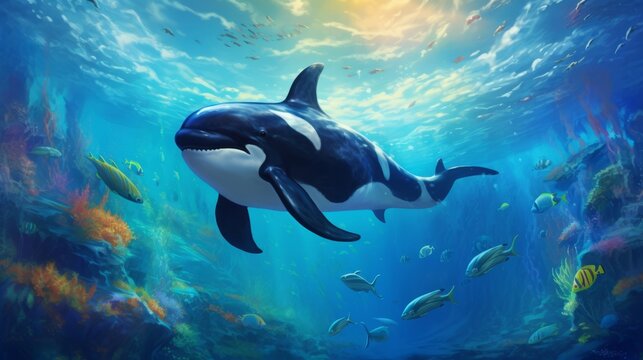 Whale in underwater world. 3D illustration. Elements of this image furnished by NASA