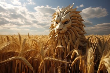 A wheat lion in wheat field under the sky in natural grassland