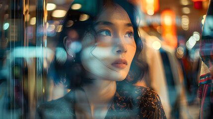 Asian beautiful young woman is looking at clothes in a store window in a shopping district. The woman wearing casual clothes. The clothes in the window fashionable, by the lights of the store. - Powered by Adobe