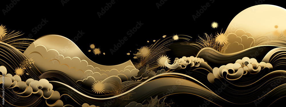 Poster Horizontal Luxury Image of Elegant Gold Pattern on Black Background in Japanese Style