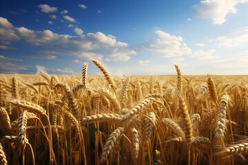 Golden wheat field under a vast blue sky with fluffy white clouds