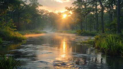 View of landscape bayou at sunrise in fog Morning mist on the swamp creates painterly atmosphere. - obrazy, fototapety, plakaty