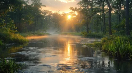 Deurstickers View of landscape bayou at sunrise in fog Morning mist on the swamp creates painterly atmosphere. © haizah