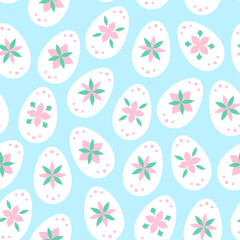 Easter folk art ornament. Vector seamless spring pattern of eggs with petals. Spring background. Fabric textile print