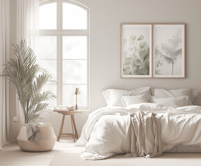 Pristine White Bedroom Harmony: Monochromatic Elegance Meets Organic Greens in a Photo-Realistic Tropical Retreat