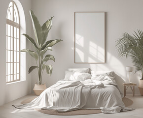 Minimalist Sanctuary: A Pristine White Bedroom Immersed in Subtle Tropical Elements and Organic Aesthetics