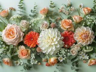 Floral arrangements on a pastel green backdrop showcase natural beauty with a serene, focused background.