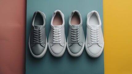 Designer footwear against a cool grey symmetrical seamless paper backdrop, showcasing style with a minimalist, focused background.