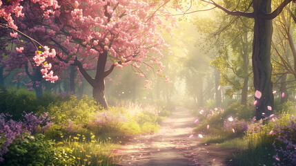 Whimsical Spring Pathway: Sunlit Blossoms Dancing Along a Serene Forest Walk, Embraced by Blooming Trees - obrazy, fototapety, plakaty