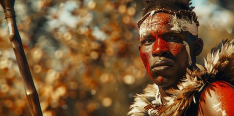 A Zulu warrior stands tall and proud his body coated in a layer of red paint. The vibrant color represents courage and also serves as a form of protection in battle. - obrazy, fototapety, plakaty