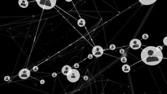 Animation of network of connections with people icons over black background