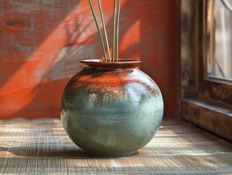 Handcrafted pottery on a rustic orange muslin setting, showcasing texture with a warm, clear center.