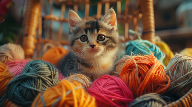 A playful calico kitten perched atop a pile of colorful yarn, creating a whimsical scene of feline creativity.