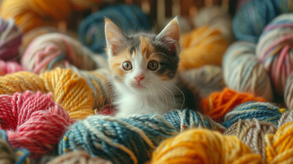 A playful calico kitten perched atop a pile of colorful yarn, creating a whimsical scene of feline...
