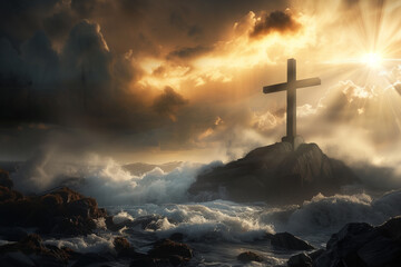 Serene Cross Amidst Stormy Seas at Sunrise
