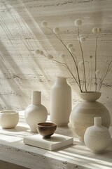 Modern home decor items on a light beige symmetrical vinyl backdrop, crafting a warm, clear focus in a cozy atmosphere.