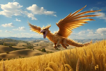A dragon soars above a sunlit grassland, casting a shadow over the wheat fields