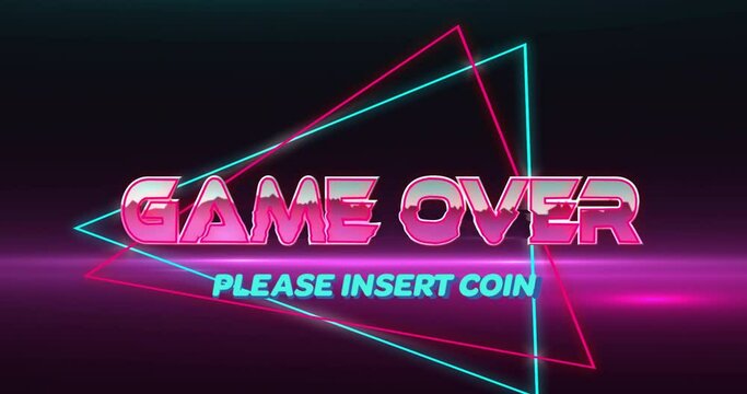 Animation of game over text over neon pattern background