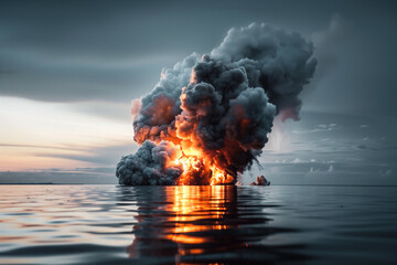 Explosive Eruption at Sea with Massive Smoke and Fire