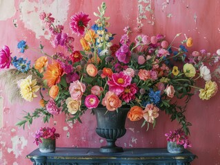 Enhancing colors with vibrant floral arrangements on a hot pink symmetrical vinyl backdrop creates a vivid uniform background.