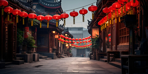 A street in the rain with chinese lanterns hanging from the ceiling, The streets of Chinese cities are festooned with brightly colored lanterns