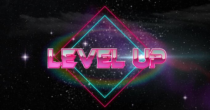 Animation of level up text over neon pattern background
