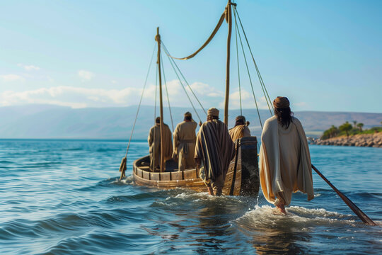 People in ancient attire on a boat, emulating a biblical scene