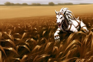 A white horse gallops across a grassy plain, surrounded by tall grass