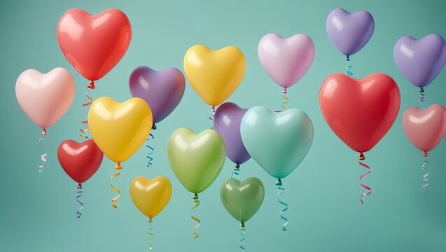 Multicolor heart shaped balloons with spiral ribbon floating against colored background