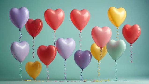 Multicolor heart shaped balloons with spiral ribbon floating against colored background