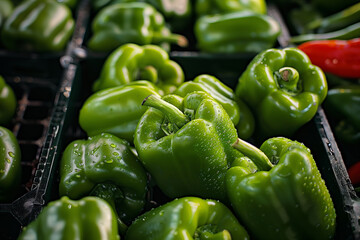Wet green bell peppers glistening in a grocery basket.