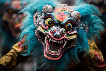 a close up of a clown mask with blue hair