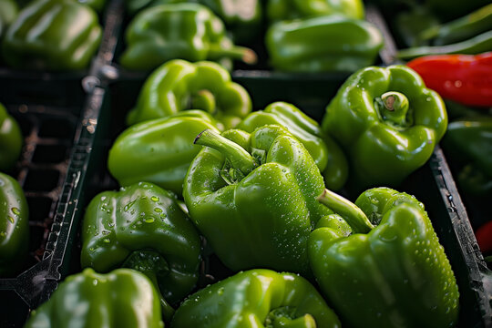 Wet green bell peppers glistening in a grocery basket.