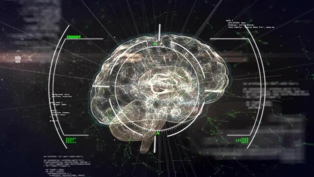 Animation of human brain, scope scanning with data processing over dark background