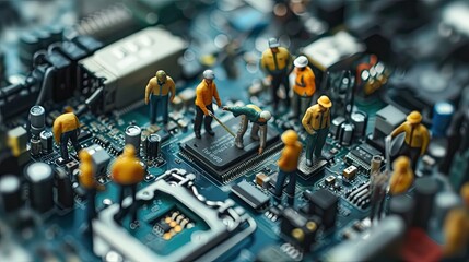 Models, human figures, miniature figures are busy tinkering with their inner work. Mobile phone repairman working little man Repair electronic parts