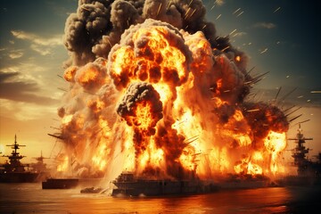Create a prompt that describes a ship being attacked by a missile at sea..
