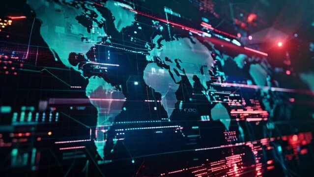 futuristic technology digital world map and stock market trading forex data on large screen display Generative AI
