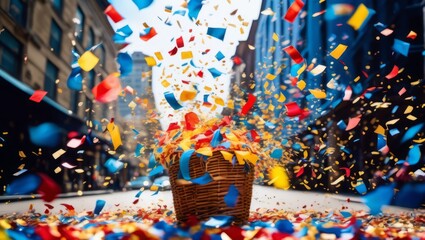 People celebrating on the street with flying confetti
