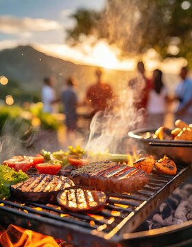 Close up of BBQ food in a barbeque grill cooking with smoke, fire, meat, vegetables  and people in the background party