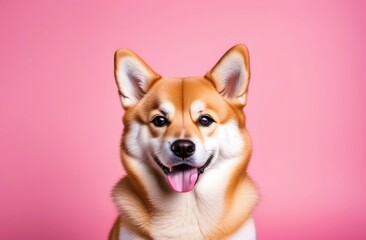 happy Shiba Inu on a pink background. Ideal for advertising pet toys, pet products, veterinary clinics, pet spas, Dog Day, Pet Day.